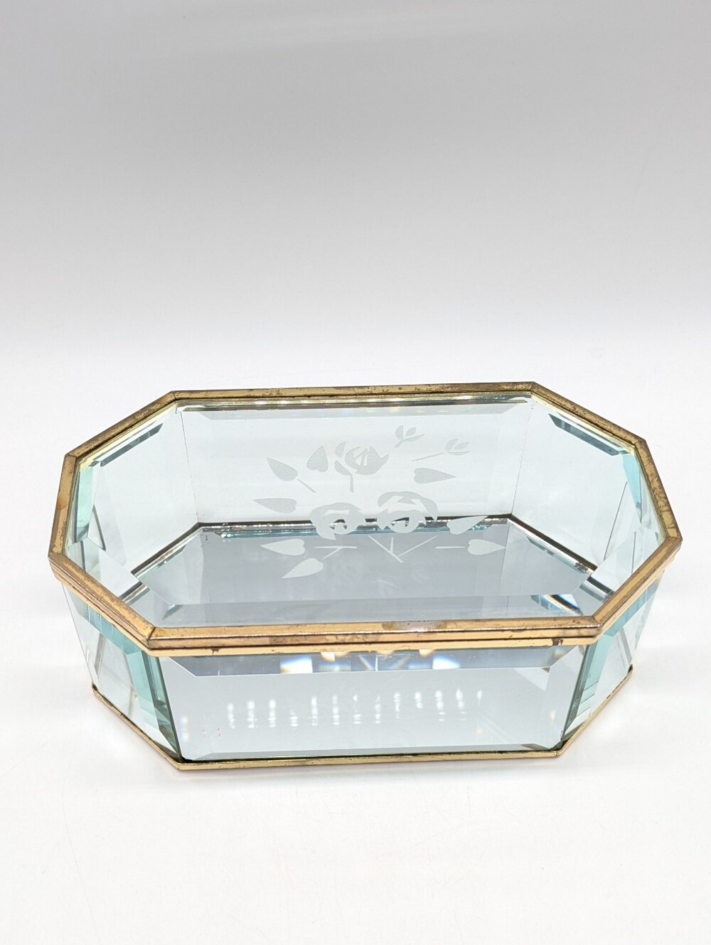 Vintage Floral Etched Glass Gold Tone Trim Keepsake Trinket Box